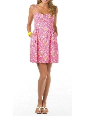 Lilly Pulitzer Georgia Chum Bustier Floral Fit Flare Dress Pink Women size 2